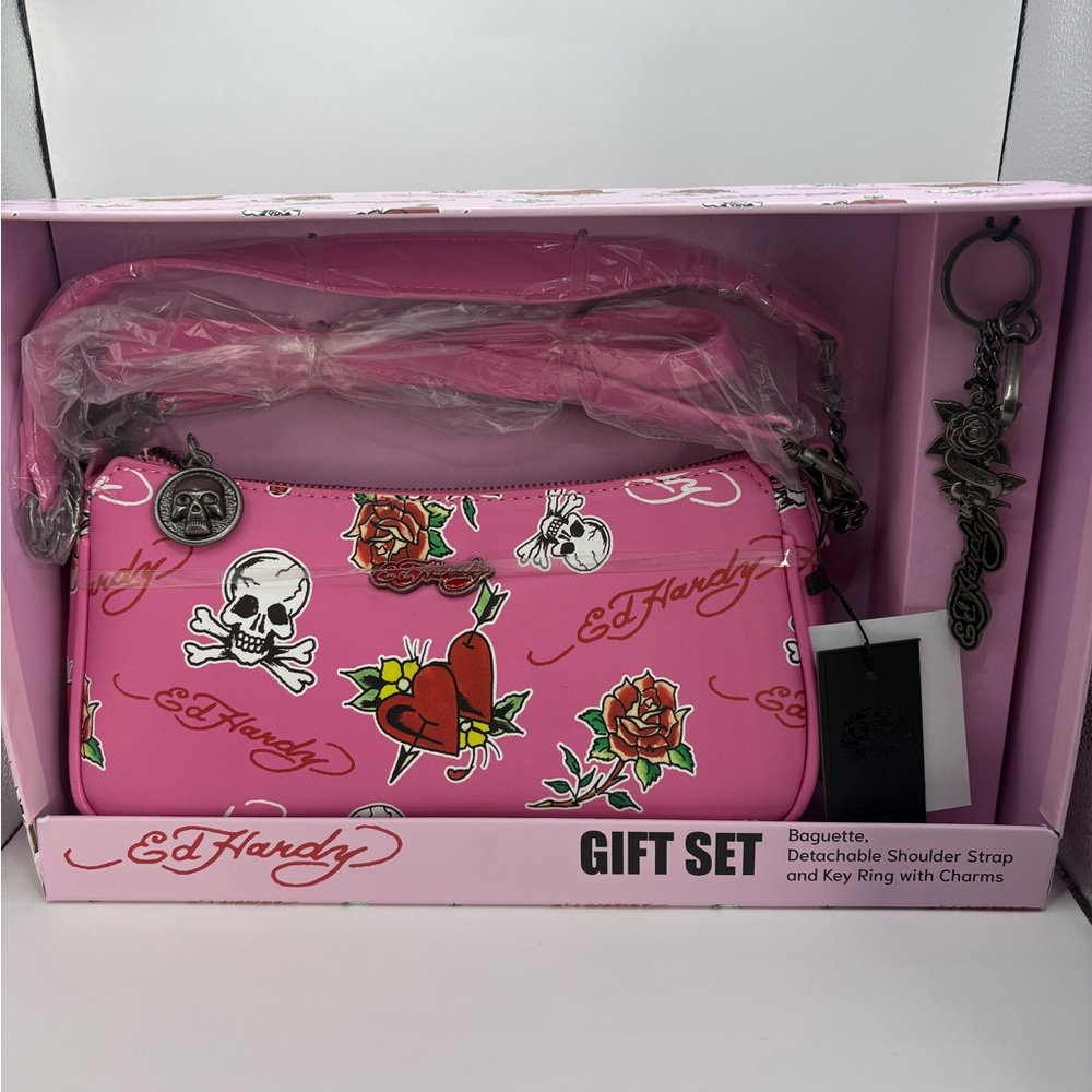 Ed Hardy Pink Shoulder/Crossbody bag and bag charm Set-skull and Roses design.